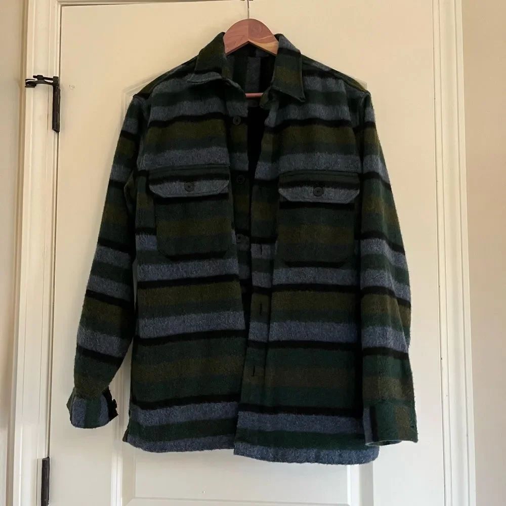 Zara Green and Gray Striped Pea Coat